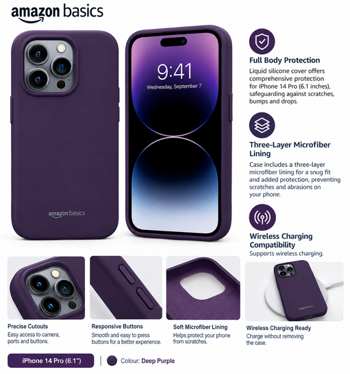 Amazon Basics Basic Case for iPhone 14 pro (Silicone_Deep Purple)