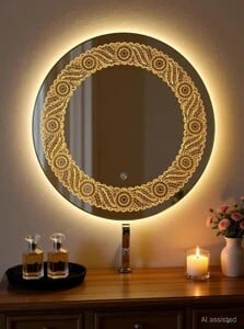 luminatri Round Frame Bathroom LED Mirror Size (24' X 24") with 3 color Led Light (Leaf) Lighted Mirror (Designer Finish : polished)
