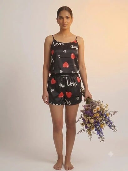 Click to enlarge tfv Women Night Suit Set Black Printed