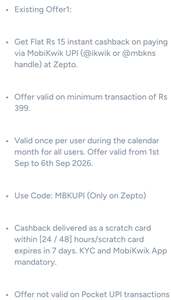 Get Flat Rs 15 instant discount on zepto via MobiKwik upi