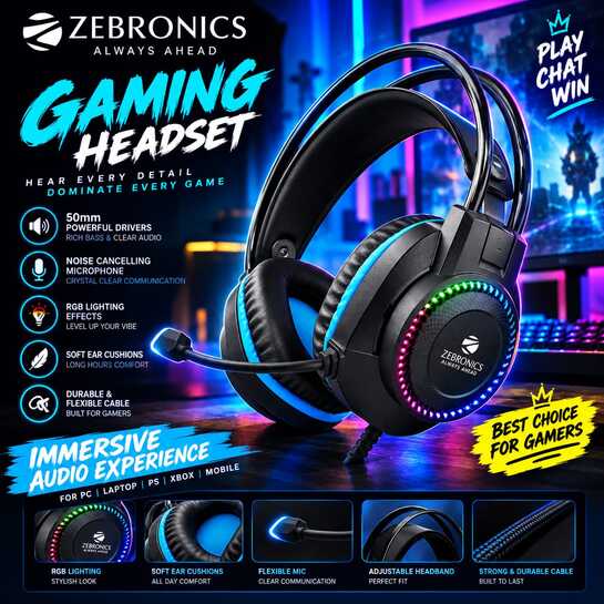Zebronics Gaming Headset with RGB Lighting & Noise Cancelling Mic @ ₹900