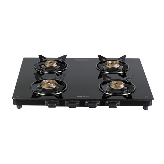 Havells GEOSLIM Gas stove |4 Heavy Duty Forged Brass Burner|6 mm Toughened Glass|Premium Valves|Removable Drip Tray|Soft Touch Knobs|5 year Warranty on Burners, Glass & Valves by Havells (Black)