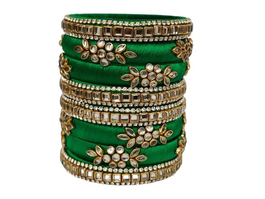 SARVAGYA Silk Thread Bangle Kada Set 8 Pcs | Handmade | Stone Studded | Wedding Festive | Women
