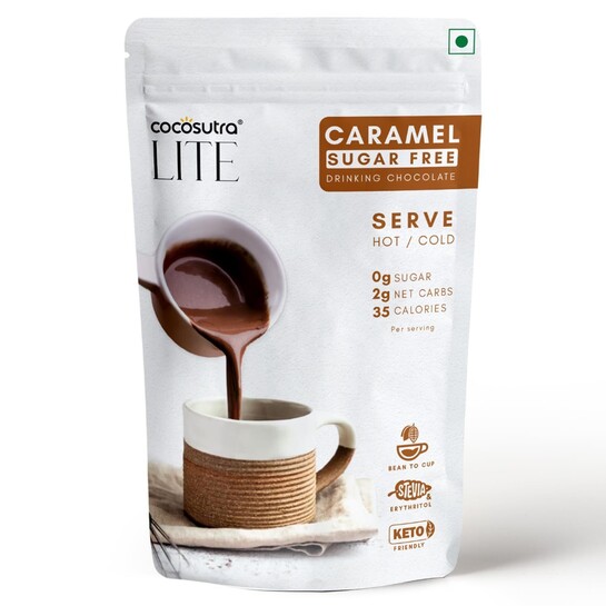 COCOSUTRA SUGAR FREE Drinking Chocolate Mix - Caramel | Zero Sugar, Low Carb, Low Calorie | Stevia & Erythritol based | Keto Friendly Hot Chocolate | Vegan | Enjoy hot or cold | 200g