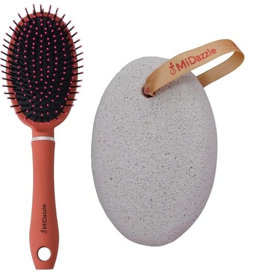 Midazzle Premium Brown Cushioned Hair Brush with Pumice Stone, Oval Shape, Set of 2
