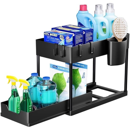 E-COSMOS® 2-Tier Under Sink Organizer - Pull Out Cabinet Storage with Hooks & Hanging Cup, Multi-Purpose Under Bathroom Sink Organizer and Storage, Kitchen Cabinet Organizer,(Black)