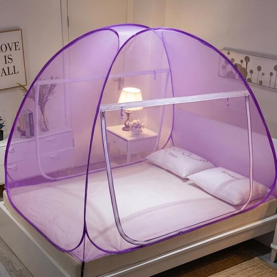 Double Bed Mosquito Net 6.5x6.5 Ft | 30 GSM | Tent Type | Foldable | Corrosion Resistant | Purple