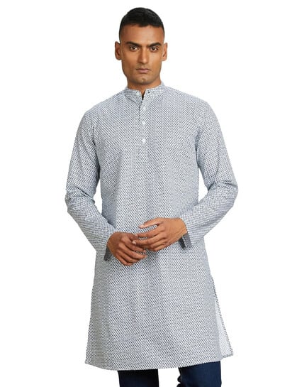 Symbol white and navy colour sober print regular fit cotton kurta (Size XL)