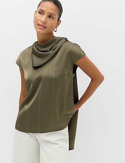 Satin Striped Cowl Neck Scarf Detail Top for Women