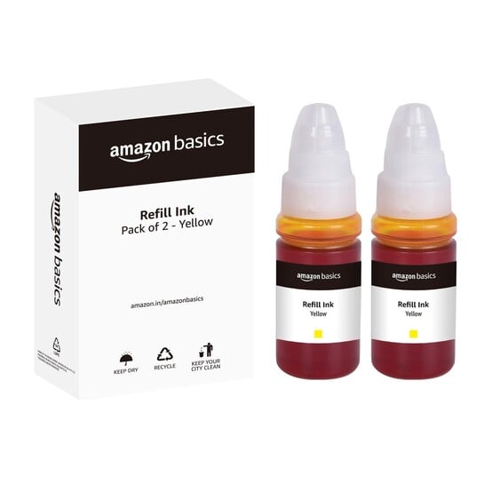 amazon basics GI 790 Dual Pack Refill Ink for Canon PIXMA G1000, G1010, G1100, G2000, G2002, G2010, G2012, G2100, G3000, G3010, G3012, G3100, G4000, G4010 Yellow - 70ml