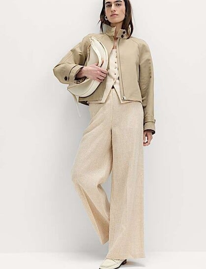 Pure Linen Gingham Wide Leg Trousers for Women