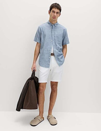 Men's Regular Fit Linen-Rich Short Sleeve Shirt with Button-Down Collar