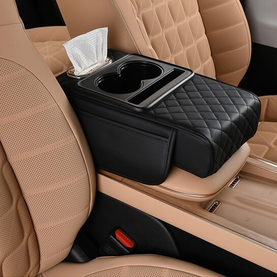 Leather Car Armrest Cushion with Dual Cup Holders & Storage Box, Universal Center Console Hand Rest Cover, Quilted Car Armrest Organizer with Tissue Holder for Cars, SUVs & Trucks, Easy Installation
