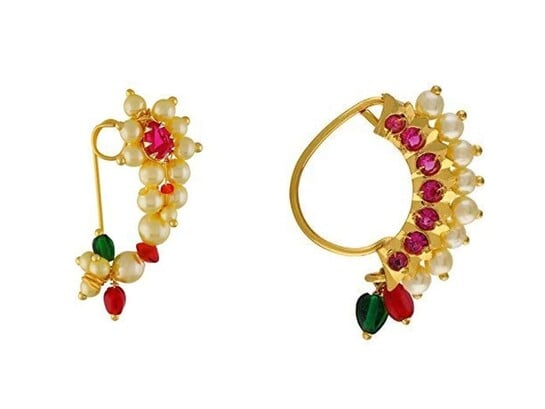 Big Size Traditional Maharashtrian Nose ring without piercing Pearl Gold Plated Nath Clip On Nose Ring For WomenBig Size Traditional Maharashtrian Nose ring