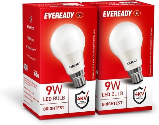 Pack of 2, EVEREADY 9W LED Bulb, Cool Day Light (6500K), B22 Base Energy-Efficient, 4kV Surge Protection, Long-Lasting Durability