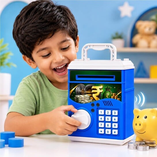 ATM Money Bank (Blue) for Kids | Digital Money Bank with Light, Sound & Cash Coin Slot | Password Protected Electric ATM Machine | AAA Battery Operated Musical Piggy Bank Toy for Kids