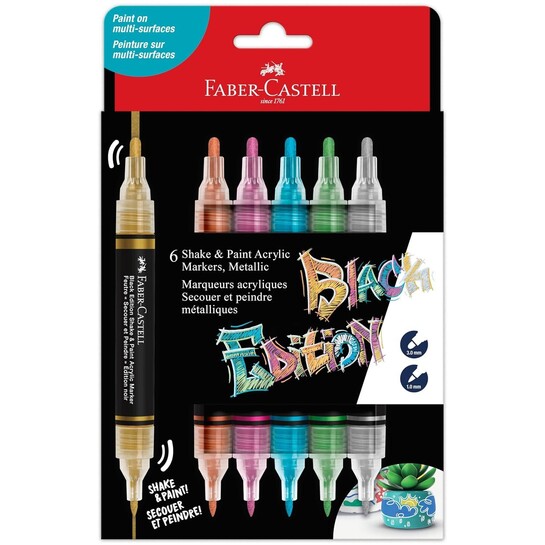 Faber-Castell Black Edition Shake & Paint Acrylic Marker – Metallic Colours, Box of 6 | Dual-Tip, Water-Based, Permanent Paint Markers for Multi-Surface Use