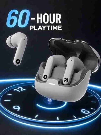 Click to enlarge GOBOULT Z40 with ENC Mic, 60Hr Battery, Metal Finish, Low Latency, 5.3v Bluetooth Headset (White, True Wireless)