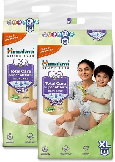 Click to enlarge Himalaya Total Care Super Absorb Baby Pants Diaper | Size XL (Extra Large) 112 Count | Pack of 2 | 12-17 kg | Breathable & Rapid Zig Zag Absorption | Keeps Skin Calm & Rash Free