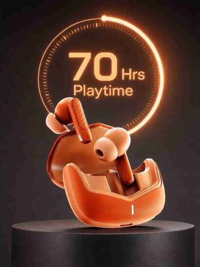 Click to enlarge GOBOULT Z40 v2.0 70Hrs Battery Life, Quad Mic ENC, 13mm Drivers, 45ms Low Latency, 5.4v Bluetooth Headset (Solar Orange, True Wireless)