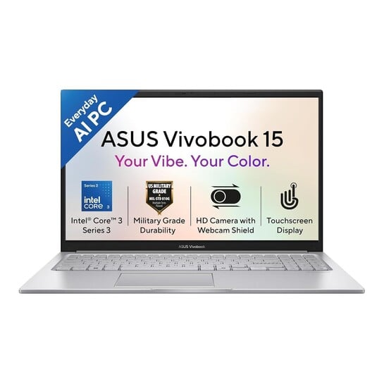 Click to enlarge ASUS Vivobook 15 (2026),Intel Core 3 304 (Series 3-Latest Gen),Intel iGPU,8GB RAM,512GB SSD,Touchscreen, FHD,15.6"(39.6 cm),Win 11,M365 Basic(1Y),Office 24,Cool Silver,1.7 Kg,X1504MA-E8129WS,AI Laptop