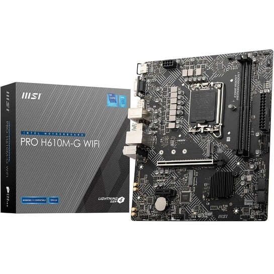Click to enlarge MSI PRO H610M-G WiFi Motherboard – Micro-ATX, Supports 12th/13th/14th Gen Intel Core Processors, LGA 1700 Socket, DDR5 Memory Boost 5600MHz/MAX, PCIe 4, 1G LAN, M.2 Slots, USB 3.2, Wi-Fi 6E