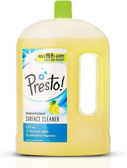 Click to enlarge Amazon Brand - Presto! Disinfectant Surface & Floor Cleaner Liquid | Citrus | 2 Litre | 1 Can | Kills 99.9% Germs | Removes Stains | Safe on Hands