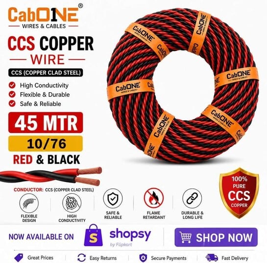 Click to enlarge CabONE 10/76 Lite FR Flexible PVC 2 Core Electric Wire For Home & Industry 0.25 sq/mm Black 150 ft. Wire