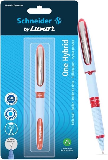 Click to enlarge Luxor Schneider, One Hybrid Roller Ball Pen - Red, 0.3 mm, 2500 mtrs writing length, Waterproof Ink, Consistent ink flow, Ideal for Professionals & Office essential