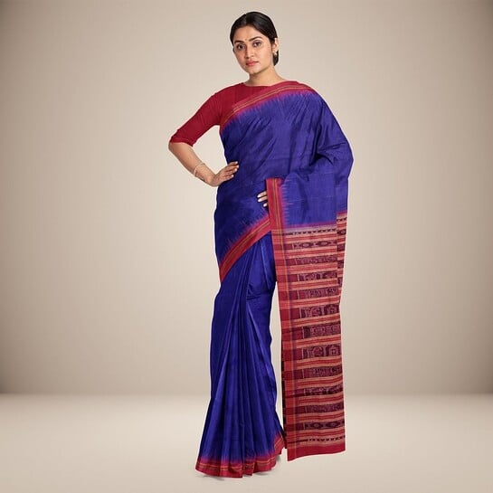 Click to enlarge Utkalika Pure Tussar Silk Saree – Traditional Blue & Red Border Craftsmanship