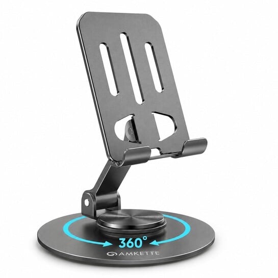 Amkette Ergo 360° Alloy Mobile Stand for Desk, Foldable Design with Stable Rotational Metallic Round Base