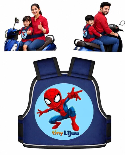 Baby & Kids Safety Belt for Two Wheeler, Bike & Scooty | Adjustable Child Safety Harness | Strong Buckle Protection | Comfortable & Secure | 2–12 Years (Spider Blue)
