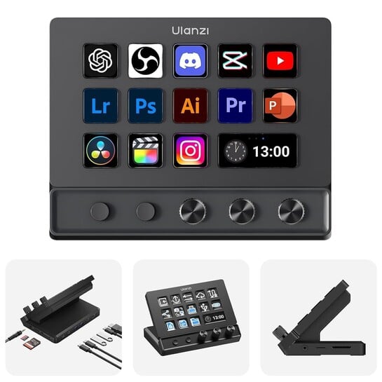 Click to enlarge ULANZI D200X Creative Deck Macro Keyboard, 14 LCD Keys & 3 Encoder Knobs, 8-in-1 Hub w 4K HDMI, 3.5mm Audio, SD/TF Reader, USB 3.2 10Gbps, for Video Editing/Streaming/Smart Home PC, Mac