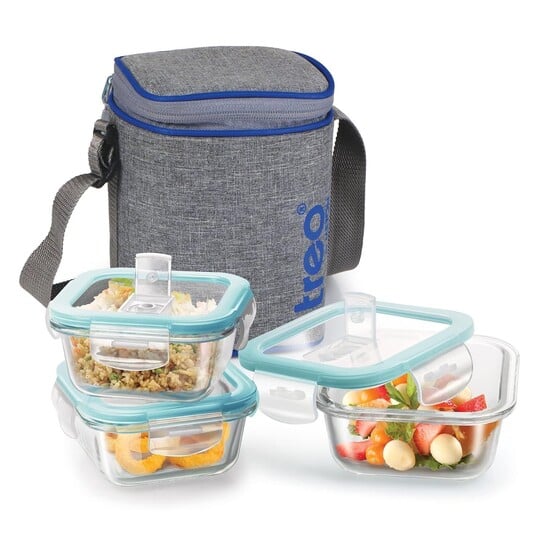 Deal: Treo by Milton All Fresh Square Glass Tiffin – 3 Containers (320ml) with Insulated Jacket | Microwave & Oven Safe
