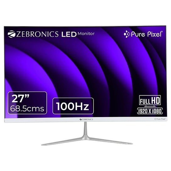 ZEBRONICS 27” (68.5 cm) Bezel-Less LED Monitor, 100Hz Refresh Rate, IPS Display, HDMI, VGA, FHD 1920x1080, 250nits, Built-in Speaker, 16:9 Aspect Ratio, Anti-Glare Screen, 16.7M Colors (SA127, White)