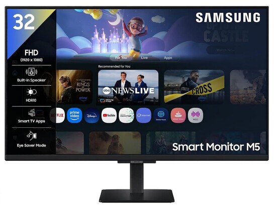 Samsung 32" (80cm) M5 Smart Monitor with Smart TV Experience|FHD 1920 x 1080|Screen Mirroring TV Plus|Speakers|Adaptive Sound|Wi-Fi|HDMI|Bluetooth|LS32FM500EWXXL|Black