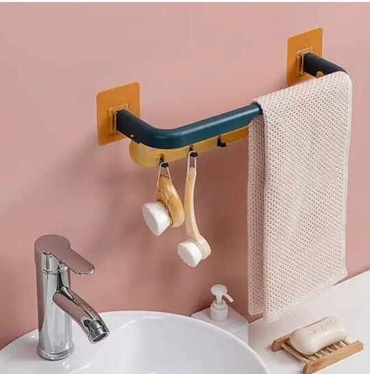 ARTO Double Layer Towel Rod Holder with Hooks | Wall Mounted No-Drill Bathroom & Kitchen Organizer Rack