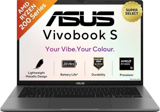 ASUS Vivobook S14 (2026) with Metallic Design, Gaming Grade CPU AMD Ryzen 5 220 - (16 GB/512 GB SSD/Windows 11 Home)Thin and Light Laptop (14 inch, Matte Gray, 1.4 kg, With MS Office)