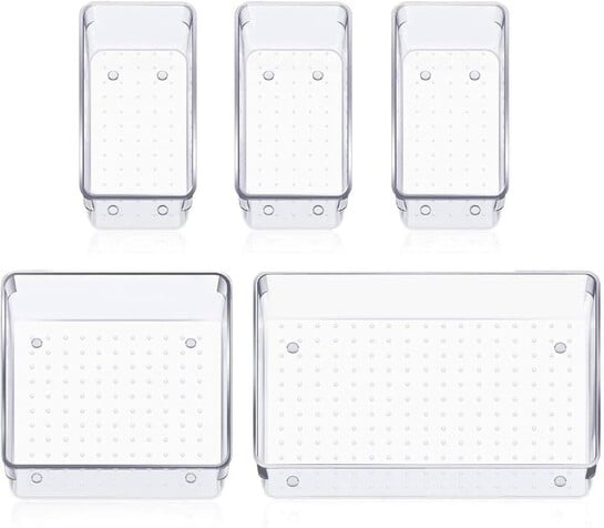 Arto Clear Acrylic Drawer Organizer Set of 5 | Multipurpose Transparent Plastic Storage Trays for Makeup, Vanity, Desk, Bathroom & Kitchen Cutlery