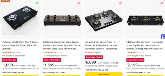 Lifelong 2-Burner Auto Ignition LPG Gas Stove | Toughened Glass Top Cooktop for Modular Kitchen (Black)