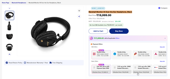 Marshall Monitor III Over the Ear Headphone, Black 17,699/-