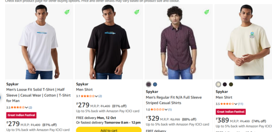 Spykar Men's Loose Fit Chest Print Cotton T-Shirt | Round Neck Half Sleeve Oversized Casual Tee (White)