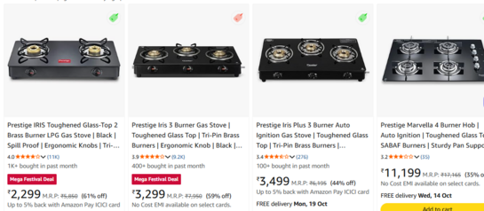 Prestige Iris 3-Burner LPG Gas Stove | Toughened Glass Top, Tri-Pin Brass Burners & Spill-Proof Design (Black)