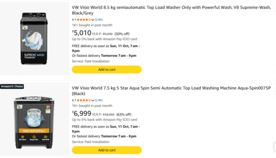 VW Visio World 8.5 kg Semi-Automatic Top Load Washing Machine | Powerful Wash Single Tub Washer