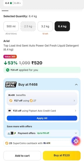 Click to enlarge Ariel Top Load And Semi Auto Power Gel Fresh Liquid Detergent (6.4 kg)