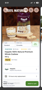 Happilo Premium Whole Cashew 450 gm at 213 on Blinkit
