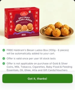 Get Haldirams free besan ladoo 6 pcs orders above 999