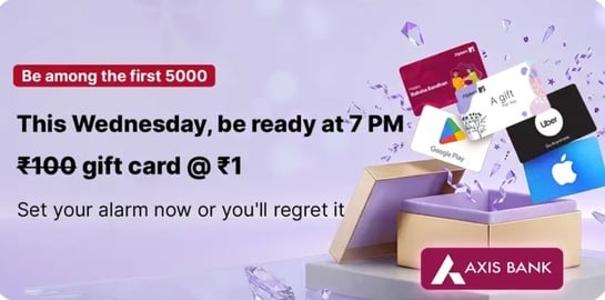 Flipkart : Gift Cards @1 on 2 September | 7P.M. | Axis card users