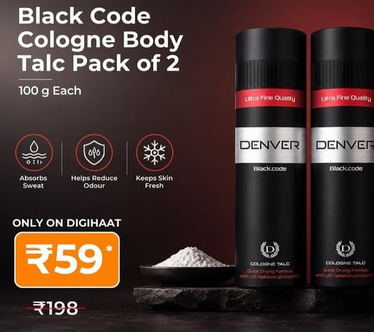 DENVER Black Code Cologne Body Talc - 100g Each (Pack of 2) Scented Talcum Powder