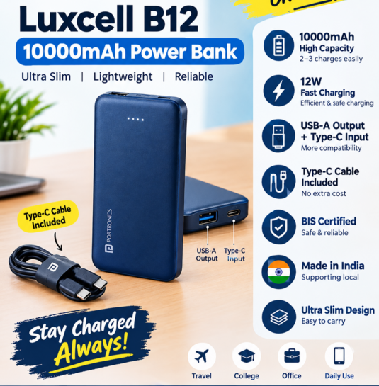 Portronics Luxcell B12 10,000mAh 12W Power Bank, Ultra Slim Power Bank with USB-A Output Port & Type C Input Port | BIS Certified | Type C Cable Included | Made in India (Dark Blue)